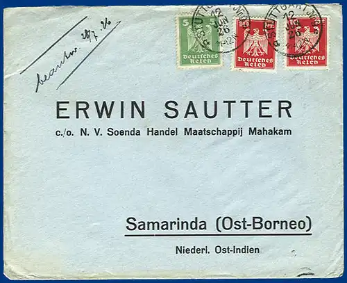 DR 1926, 5+10+10 Pf. auf Brief v. Stuttgart m. Porto  n. Borneo, NL Indien. 