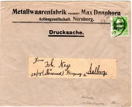 Bayern 1920, EF 5 Pf. Freistaat auf Drucksache Brief v. Nürnberg n. Dänemark