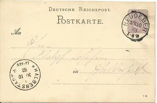 DR 1883, Klaucke Nr.60 "Halberstadt a", Ank.Stpl. auf Ganzsache v. K1 Heudeber