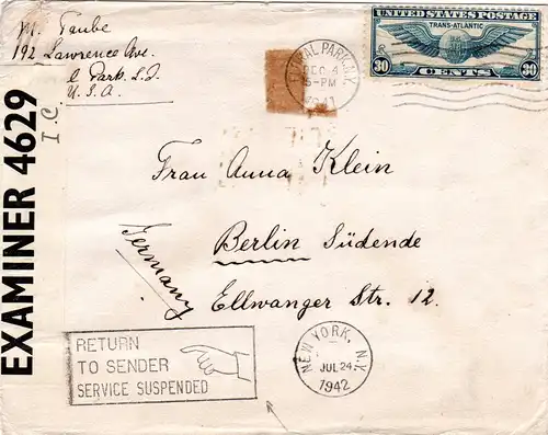 USA 1941, 30 C. auf Zensur Brief v. NY n. Deutschland m. RETURN TO SENDER