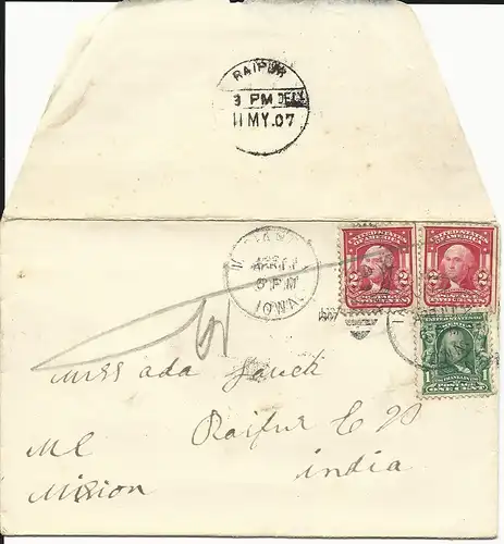USA 1907, 1+2x2 C. on cover from Indianola to a missionary adress in India