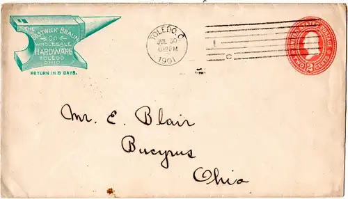 Amboss, Abb. auf USA 2 C. Ganzsache Brief v. Toledo 1903