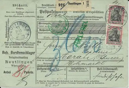 DR 1910, Paar 40 Pf. (90 I) auf Firmen Paketkarte Reutlingen-Schweiz. #2954