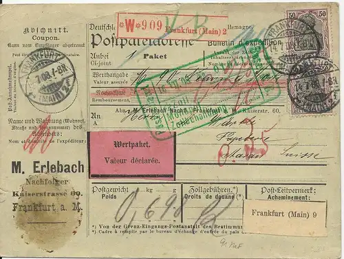 DR 1908, Paar 50 Pf. (91) auf Firmen Wert Paketkarte Frankfurt-Schweiz. #2955