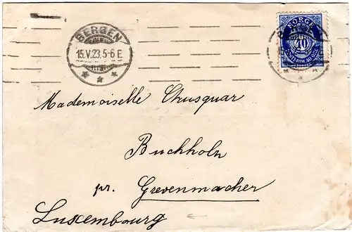 Norwegen 1923, 40 öre auf Brief v. Bergen n. Luxemburg. Destination!