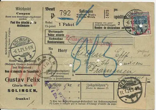 DR 1921, 2 Mk.+ rücks. 3x4 Mk. m. perfins auf Paketkarte v. Solingen n. Norwegen