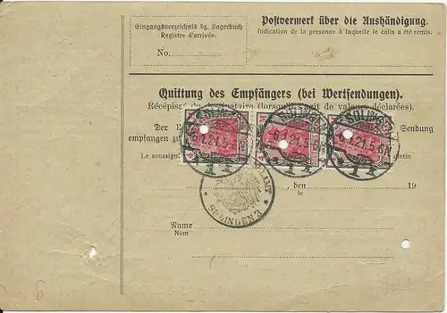 DR 1921, 2 Mk.+ rücks. 3x4 Mk. m. perfins auf Paketkarte v. Solingen n. Norwegen