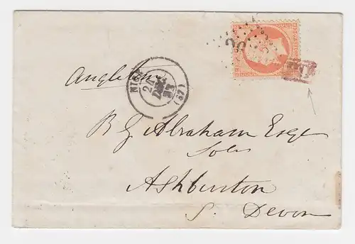 Frankreich 1862, 40 C. m. PD+GC auf Brief v. Nice n. Ashburton GB.