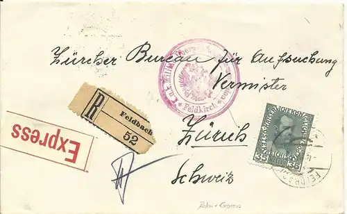 Österreich 1916, Einschreiben Express Brief v. Feldbach i.d. Schweiz