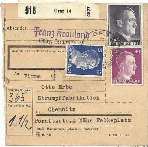 DR Österreich, 2 Mk.+25+40 Pf., Ostmark Paketkarte v. Graz n. Chemnitz