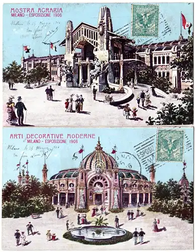 Italien 1906, Sonderstpl. Esposizione Milano auf 2 Ausstellungs Farb-AK