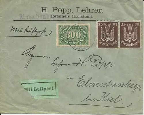 DR 1923, 3 Werte auf Luftpost Brief n. Kiel m. München Turnfest-Stpl.