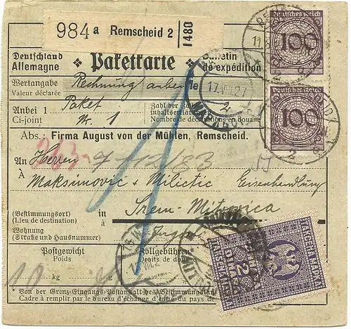 DR 1927, 3x100+50+5 Pf. auf Paketkarte v. Remscheid m. Jugoslawien Steuermarke
