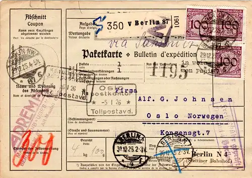 DR 1925, MeF 3x100 Pf. auf Paketkarte v. Berlin via Sassnitz n. Norwegen.