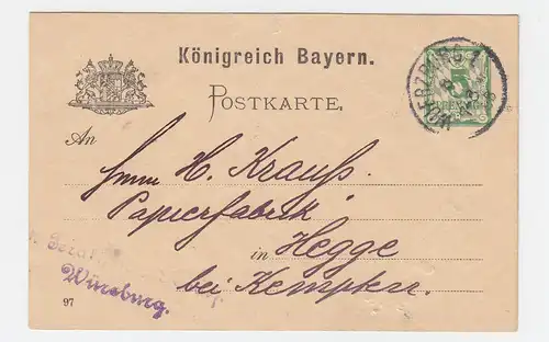 Bayern 1898, Kottern Neudorf, L2 Aushilfstpl. rücks. auf Ganzsache v. Würzburg.