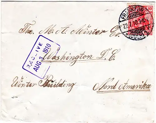 DR 1910, EF 10 Pf. auf Brief v. Frankfurt Oder n. USA. Sogen. Schnellster Weg.