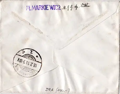 Österreich 1918, 60 H. Feldpost auf Reko Brief v. LUBLIN n. Deutschland