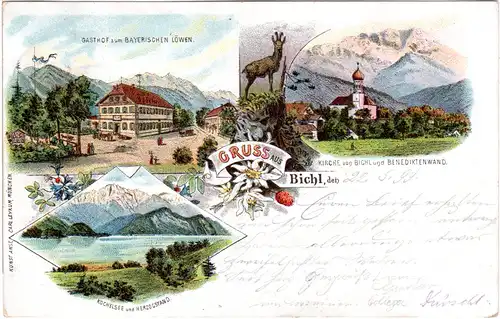 Gruss aus Bichl m. Gasthaus, 1899 gebr. Litho AK