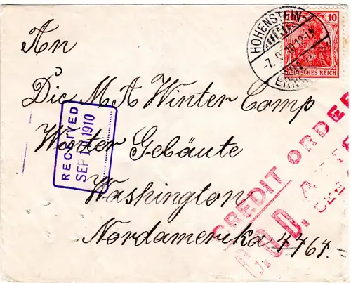 DR 1910, EF 10 Pf. auf Brief v. Hohenstein-Ernsttahl n. USA. Schnellster Weg.