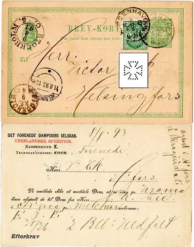 Dänemark 1893, 5 öre m. perfin auf 5 öre Ganzsache v. Kopenhagen n. Finnland