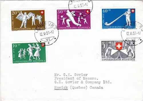 Schweiz 1951, Pro Patria kpl. auf Brief v. Lenzburg n. Canada