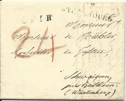 Frankreich 1827, L2 67 STRASBOURG u. CF I R auf Porto Brief n. Württemberg