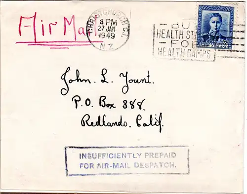 Neuseeland 1949, Luftpost Brief m. R1 Insufficiently Prepaid for Air-Mail...