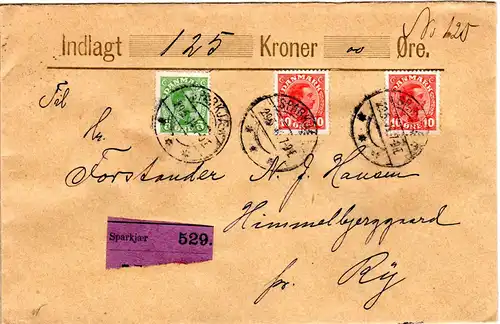 Dänemark 1914, 5+2x10 öre auf Wert Brief Umschlag v. SPARKJAER
