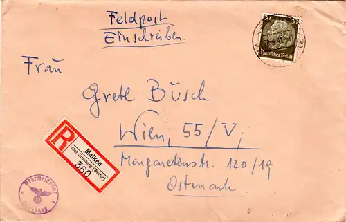 Feldpost WK II, EF 30 Pf. auf Einschreiben Brief v. Malken ü. Strasburg n. Wien