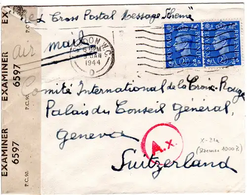K1 A.x. (Riemer-31a), dt. Paris Zensur auf GB Brief m. 2x2 1/2d i.d. Schweiz