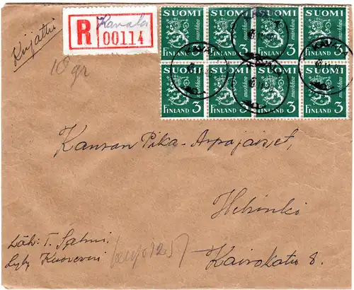 Finnland 1948, KAVALA, handschriftlicher Reko Zettel auf Brief m. MeF 8x3 M.