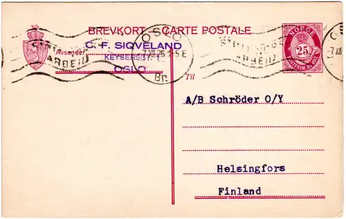 Norwegen P61, 25 öre  Ganzsache, gebr. 1926 v. Oslo n. Finnland