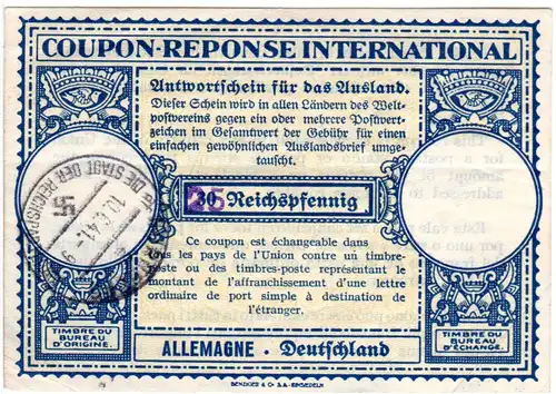 DR 1944, 25/20 Pf. Überdruck IAS m. Stpl. Nürnberg. Coupon-Response Internat.