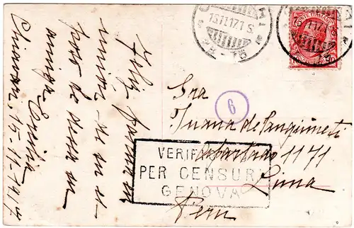 Italien 1917, 10 C. auf Karte v. CHIAVARI n. Peru! Genova Zensur. Destination!