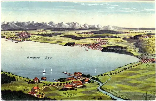 Ammersee m. Utting u. Stegen samt Brauerei, 1920 gebr. Panorama Farb-AK