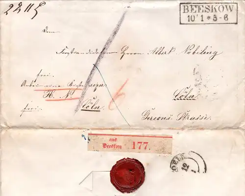 Preussen, R2 BEESKOW auf franko Paket Brief, rücks. roter R2 COELN P.K.