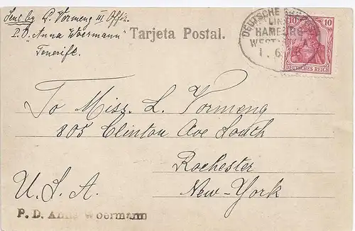 DR 1906, "Dt. SP. Linie Hamburg-Westafrika XI" auf AK m. 10 Pf. n. USA. #67