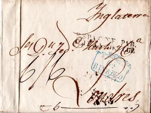 Spanien 1830, Brief v. Rivadeo via Frankreich n. GB m. hohem Porto 6 Sh.6d.