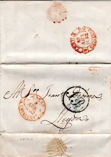 Spanien 1852, Brief m. rotem Stpl. CALAF CATALUNA u. K1 "J.R." n. Lerida.