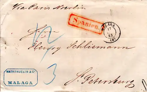 Spanien 1863, Brief v. Malaga m. rotem Transit-R1 n. St. Petersburg, Russland