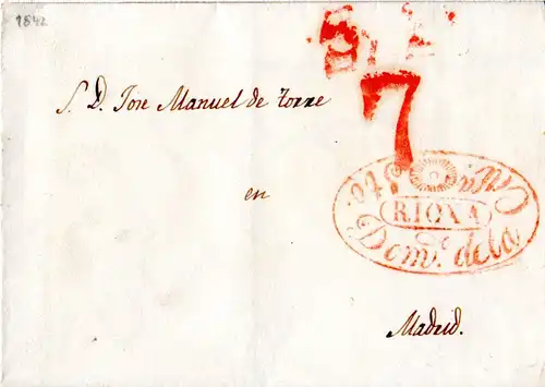Spanien 1842, Brief m. schönem rotem Rioja Ovalstempel v. Santo Domingo Calzada