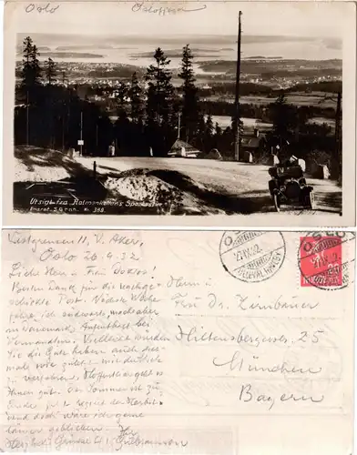 Norwegen, Utsigt fra Holmenkollens Sportsstue m. Oldtimer Auto, 1932 gebr. sw-AK