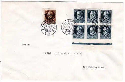 Bayern 1919, 3 Pf Volksstaat+6er-Block 2 Pf. auf portorichtigem Brief v. München