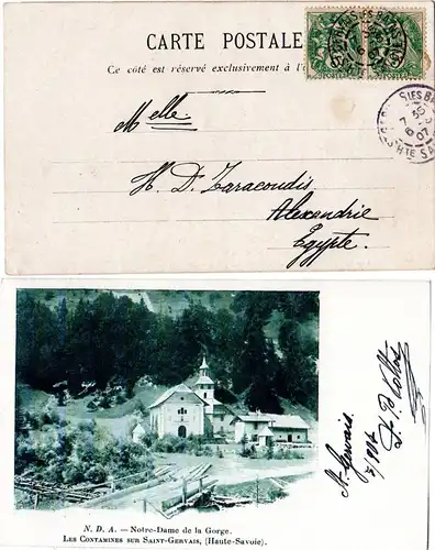 Frankreich 1907, Paar 5 C. auf AK v. St. Gervais Les Bains n. Ägypten
