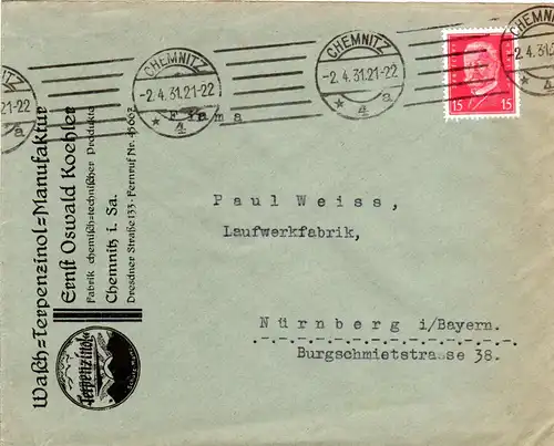 DR 1931, 15 Pf. auf illustriertem Firmen Reklame Brief v. Chemnitz.