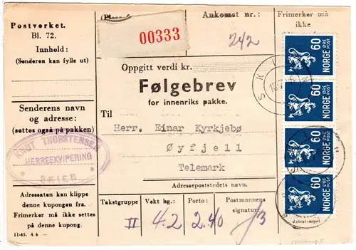 Norwegen 1946, MeF 4x60 öre auf Paketkarte v. Skien