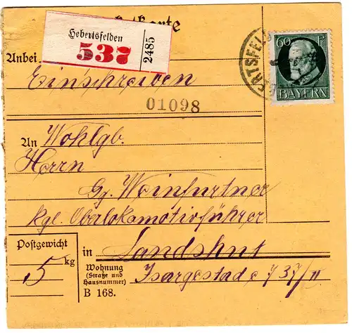 Bayern 1918, EF 60 Pf. Ludwig auf Einschreiben Paketkarte v. Herbertsfelden