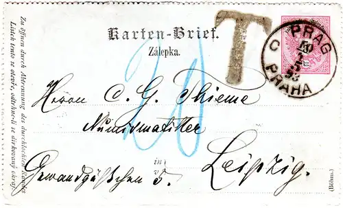 Österreich 1893, 5 Kr. Kartenbrief Ganzsache v. Prag m. gr. "T" Portostempel