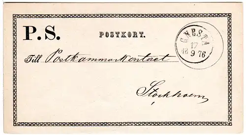 Schweden 1876, portofreie P.S. (Postsache) Postkarte v. GNESTA n. Stockholm.