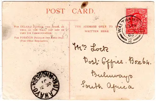 GB 1903, 1d on postcard to Rhodesia with Walthams Town cancel
